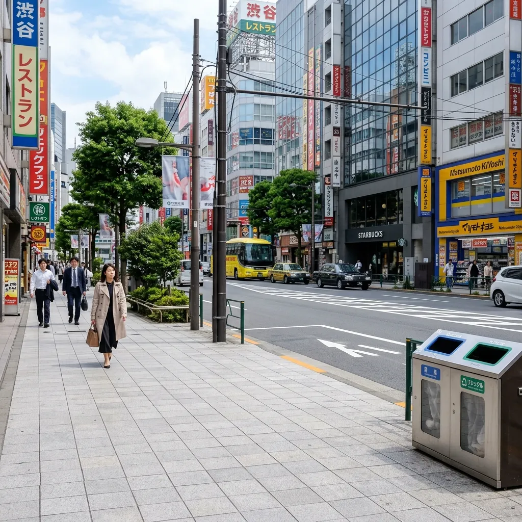 Clean, litter-free urban street in Tokyo showcasing Japanese public cleanliness standards