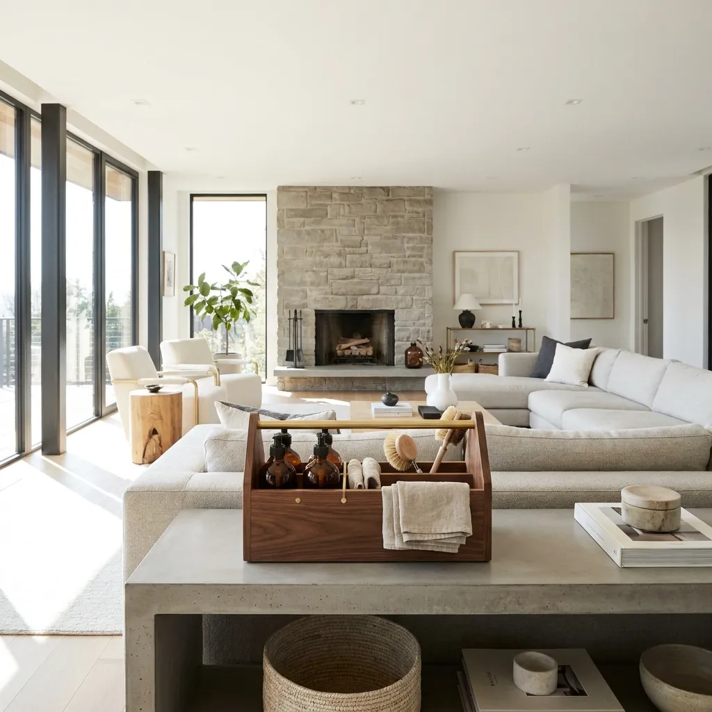 Wooden cleaning caddy filled with amber glass spray bottles and natural bristle brushes sitting on a concrete console table in a modern, brightly lit living room with a stone fireplace.