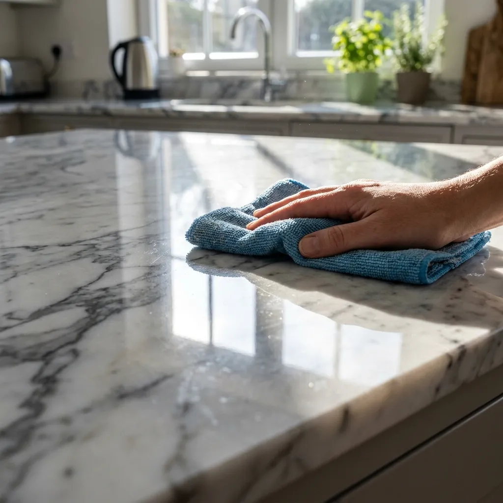 Hand using a blue microfiber cloth to wipe and polish a bright marble kitchen countertop in natural sunlight