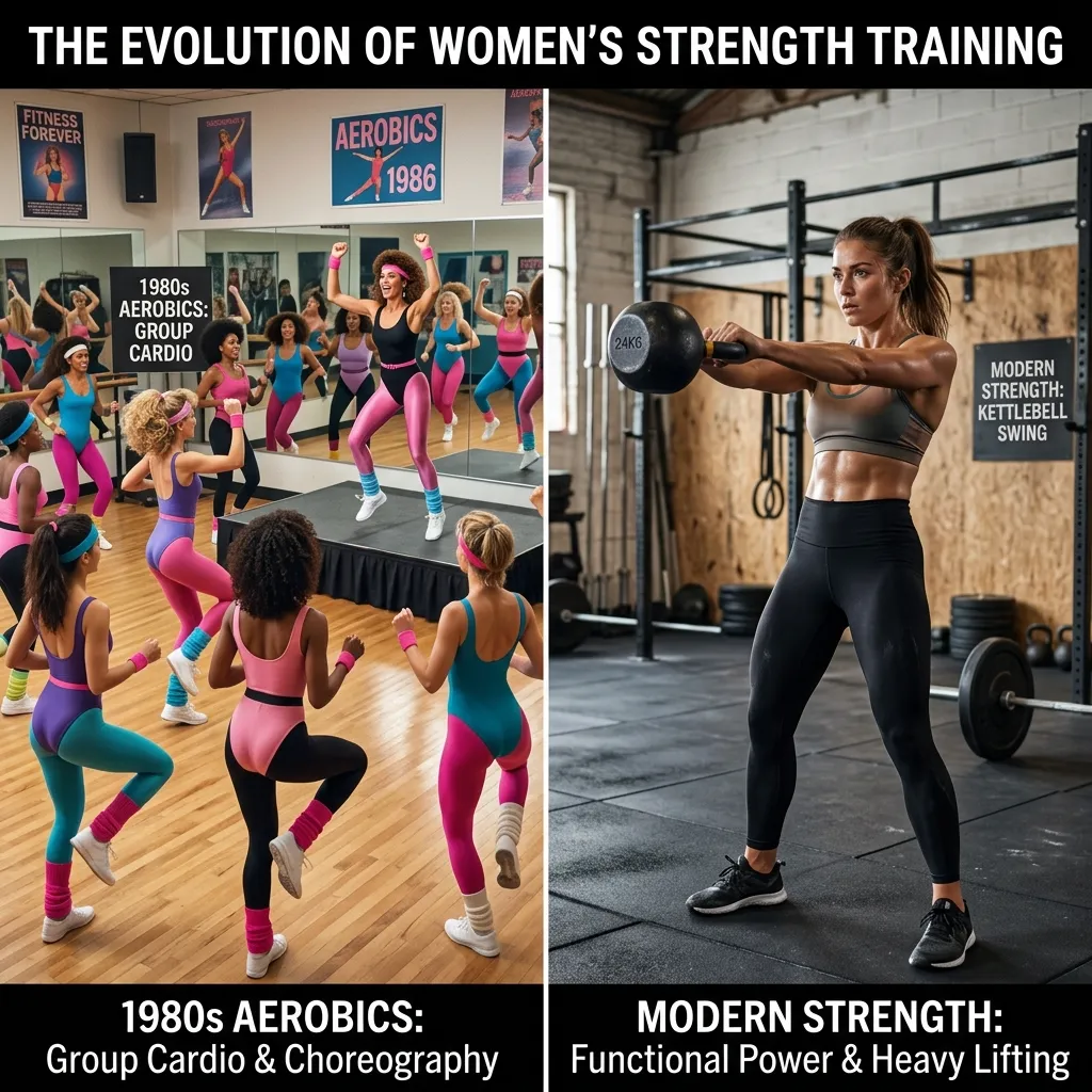 A side-by-side comparison graphic titled 'The Evolution of Women's Strength Training.' The left panel, labeled '1980s Aerobics: Group Cardio & Choreography,' shows women in bright neon leotards following an instructor's aerobics routine. The right panel, labeled 'Modern Strength: Functional Power & Heavy Lifting,' shows a woman performing a kettlebell swing in a modern gym setting.