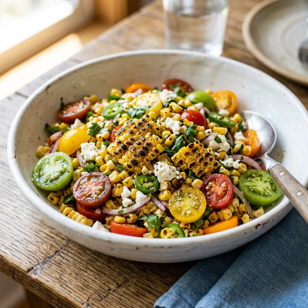 Close-up of a colorful charred sweet corn and heirloom tomato salad in a white ceramic bowl.