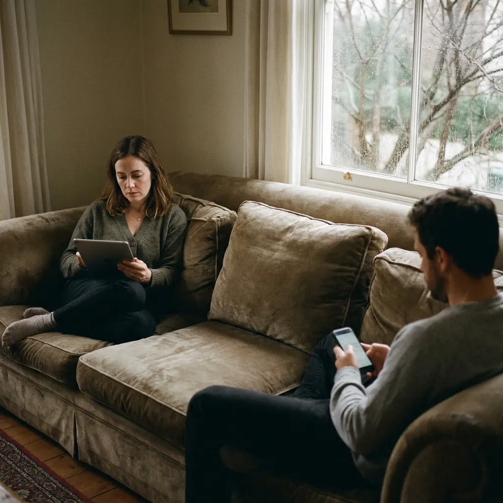 An aesthetic photo of a couple sitting far apart on a couch, looking at separate devices, illustrating the distance experienced by women betrayed by their partners.