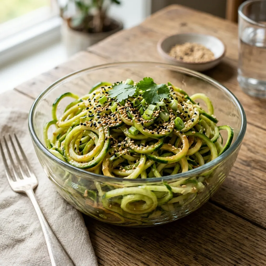 A glass bowl filled with spiralized cucumber noodles coated in a light brown sesame ginger dressing, topped with sesame seeds.