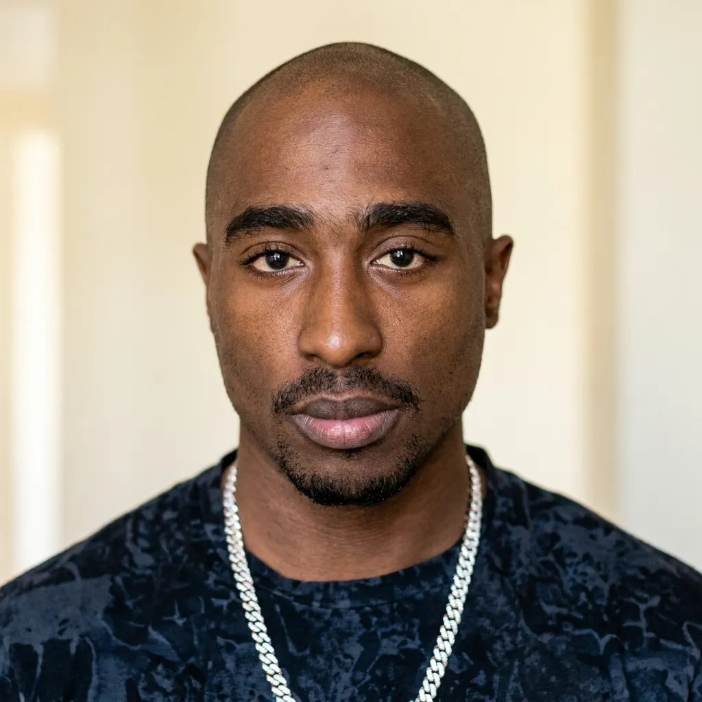 Close-up portrait of hip-hop legend Tupac Shakur looking directly at the camera, related to the ongoing 1996 murder investigation.