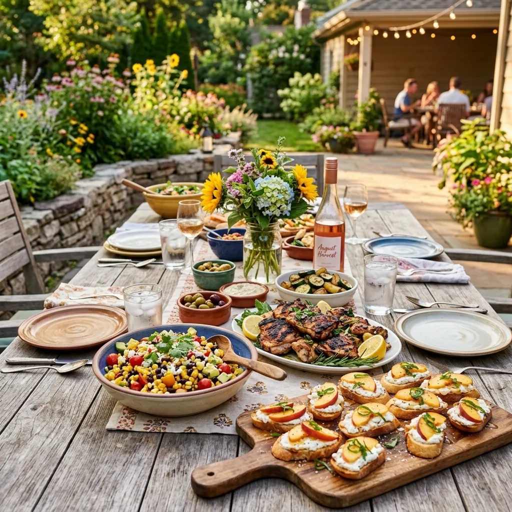 A vibrant, rustic wooden table spread with fresh August summer dishes including corn salad, grilled chicken, and peach crostini