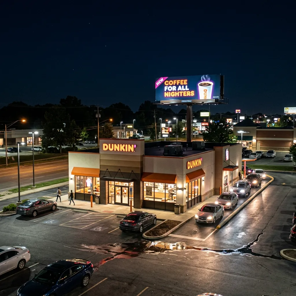 Nighttime exterior of an illuminated Dunkin' restaurant featuring a busy drive-thru with a line of cars and a large, bright billboard above the building advertising 'Coffee For All Nighters'