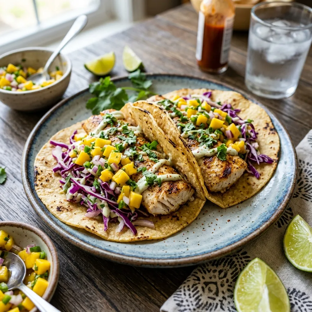 Two warm corn tortillas filled with grilled white fish, bright yellow mango salsa, and purple cabbage slaw.