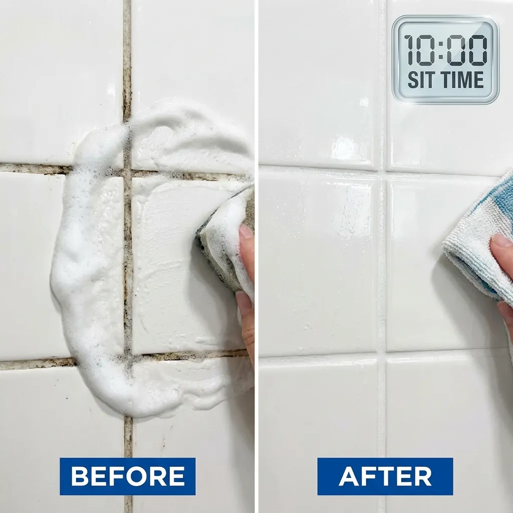 Before and after comparison of cleaning white bathroom tile grout, showing foaming cleaner being scrubbed on the left and the sparkling clean result on the right after a 10-minute sit time.