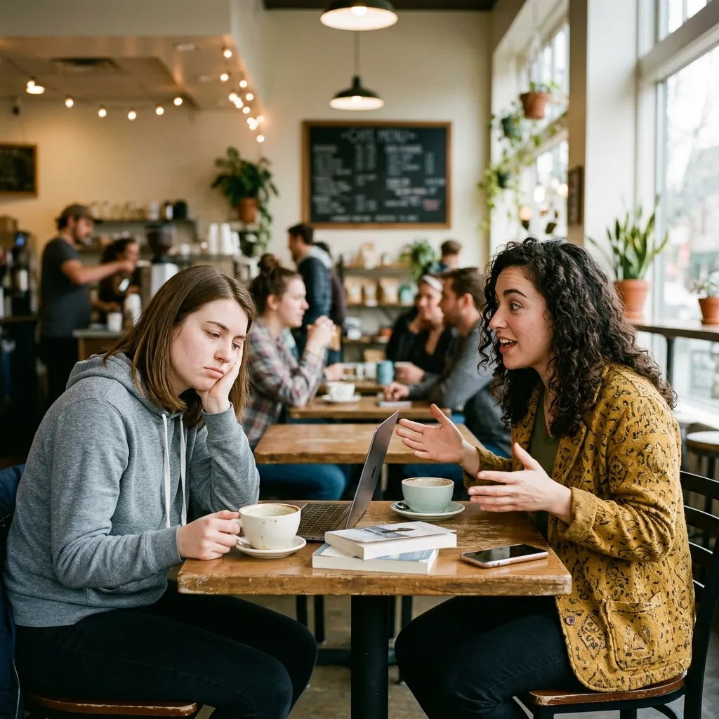 Two women sitting at a coffee shop where one speaks enthusiastically with hand gestures while the other looks bored and rests her head on her hand.