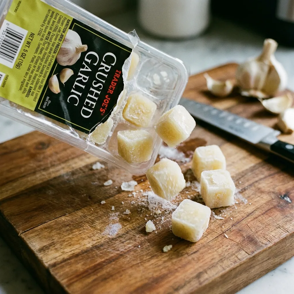 A tray of Trader Joe's frozen crushed garlic cubes popping out of their packaging on a wooden cutting board