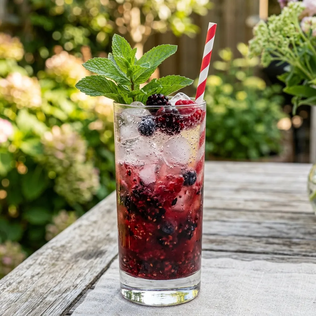 A tall glass filled with ice, dark muddled berries, sparkling water, and a sprig of fresh mint.