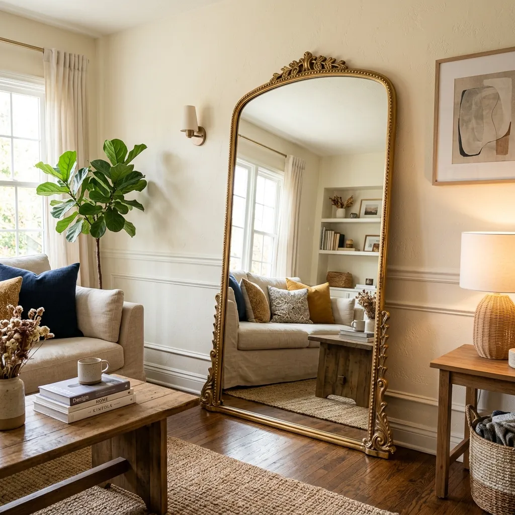 A large, elegant gold-framed floor mirror leaning against a living room wall, serving as an affordable luxe home upgrade that brightens the space.
