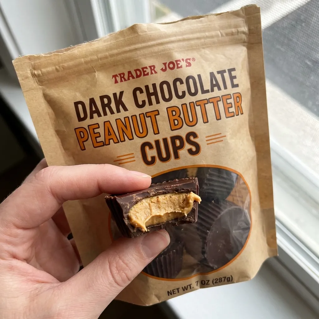 A hand holding an open bag of Trader Joe's Dark Chocolate Peanut Butter Cups showing the creamy filling