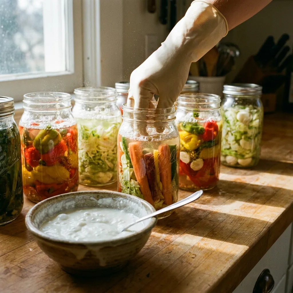 Sunlit kitchen with multiple glass jars of active fermented vegetables and a bowl of probiotic yogurt, illustrating the core products for a carnivore diet for colon health
