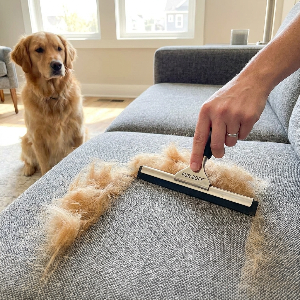 Hand using a rubber squeegee tool to scrape a thick layer of dog hair off a gray fabric couch, with a Golden Retriever sitting in the background.