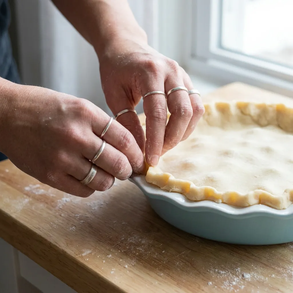 Close-up of hands wearing simple silver rings crimping the decorative edge of a store-bought pie dough fitted into a pastel ceramic pie dish.