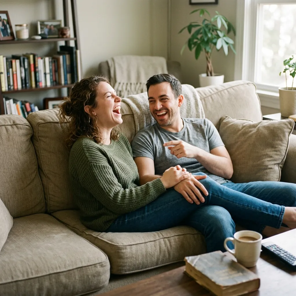 A happy man and woman laughing together while relaxing on a beige sofa in a cozy, well-lit living room.