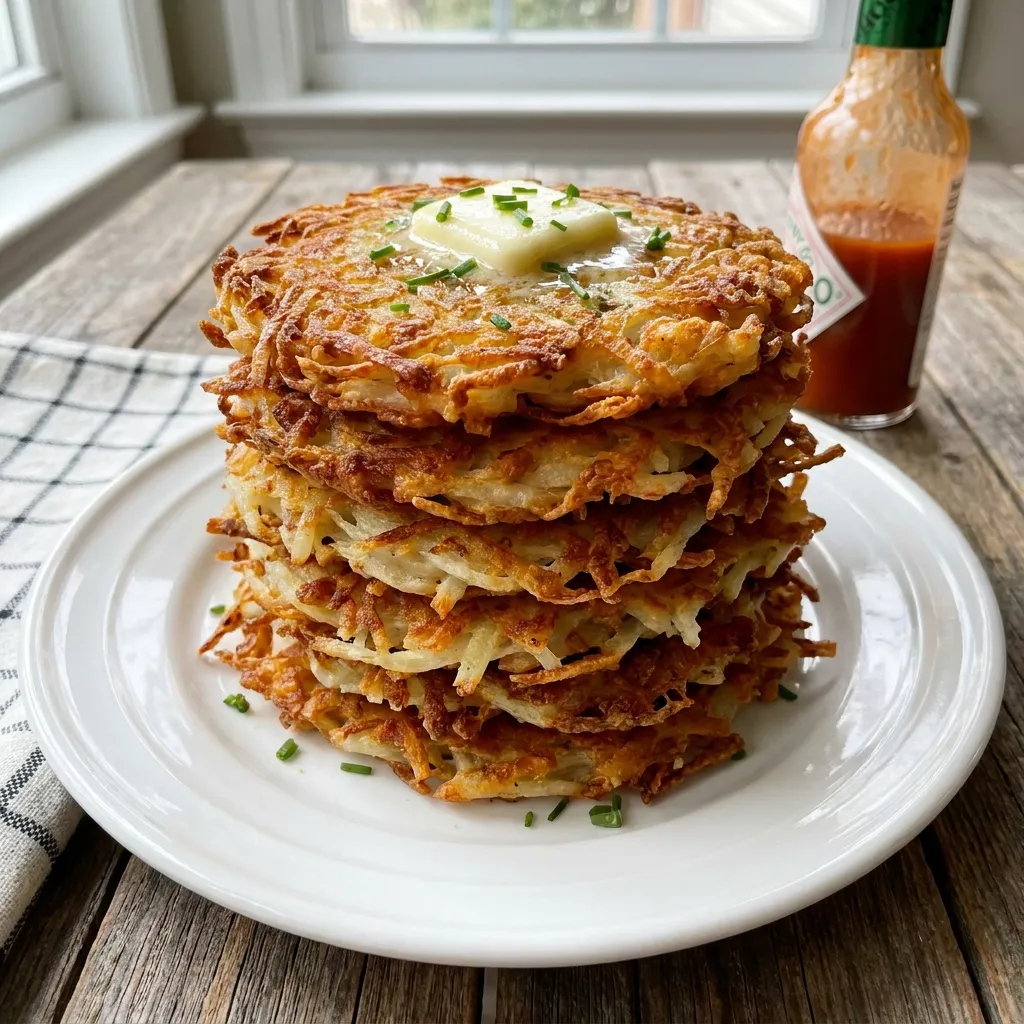 A stack of crispy golden Trader Joe's shredded potato hashbrown patties on a white plate