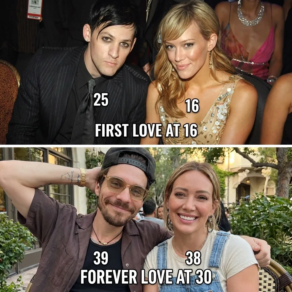 Then and now split-image meme of Hilary Duff's relationships, featuring a throwback photo with Joel Madden labeled 'First love at 16' and a current photo with Matthew Koma labeled 'Forever love at 30'
