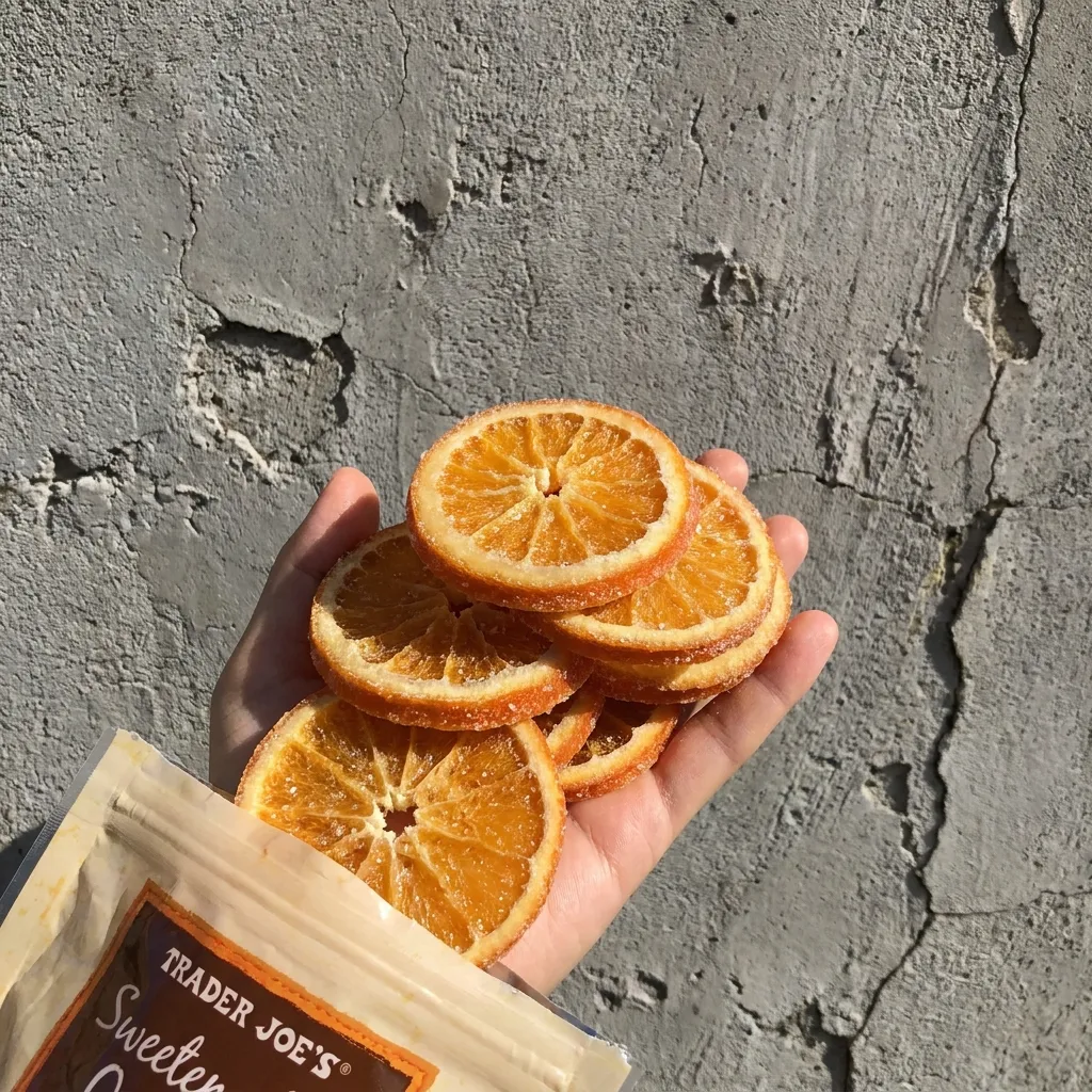 A handful of Trader Joe's sweetened dried orange slices held against a textured gray background