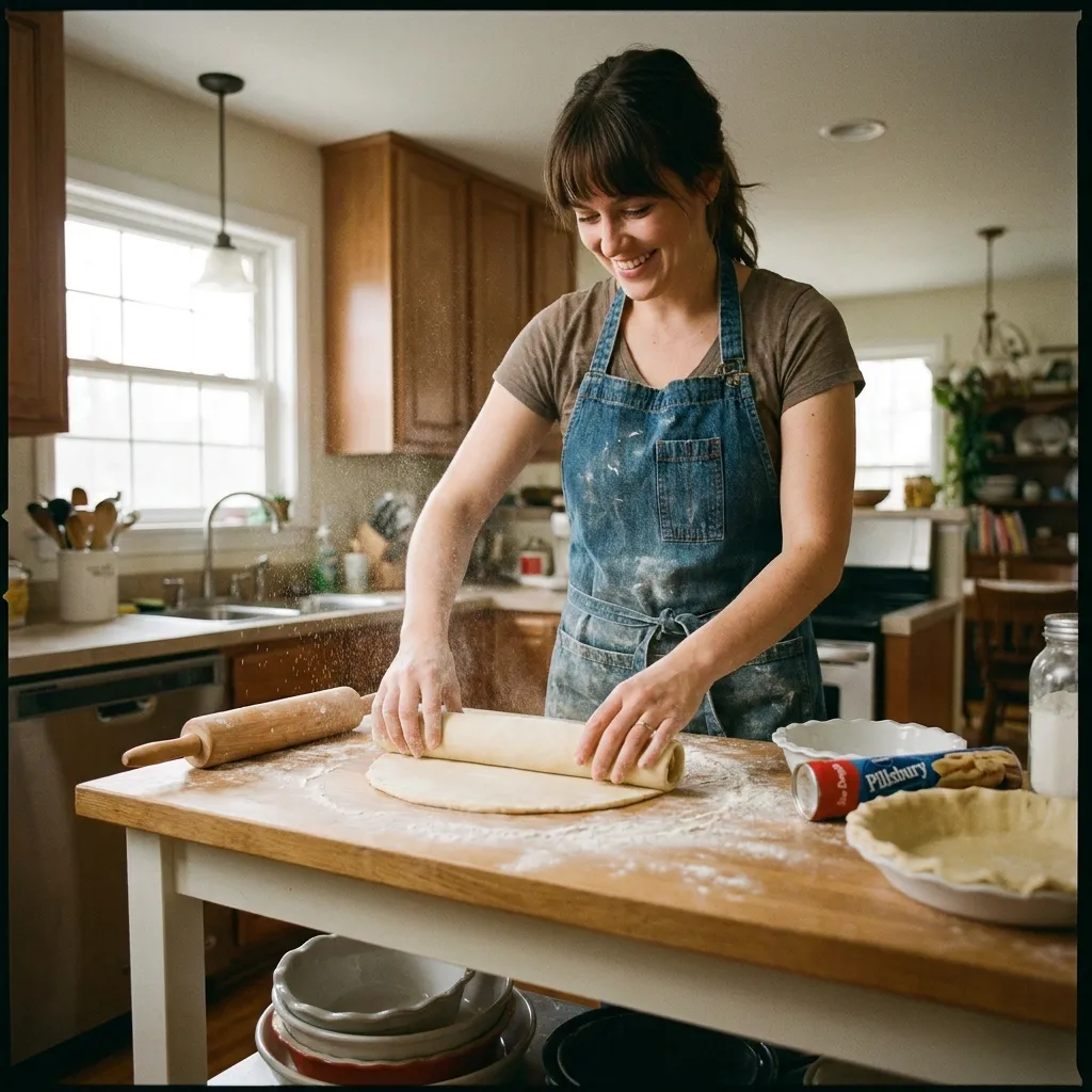 Wide shot of a home baker in a denim apron unrolling a package of Pillsbury refrigerated pie dough onto a clean counter surface, demonstrating the ease of preparation.
