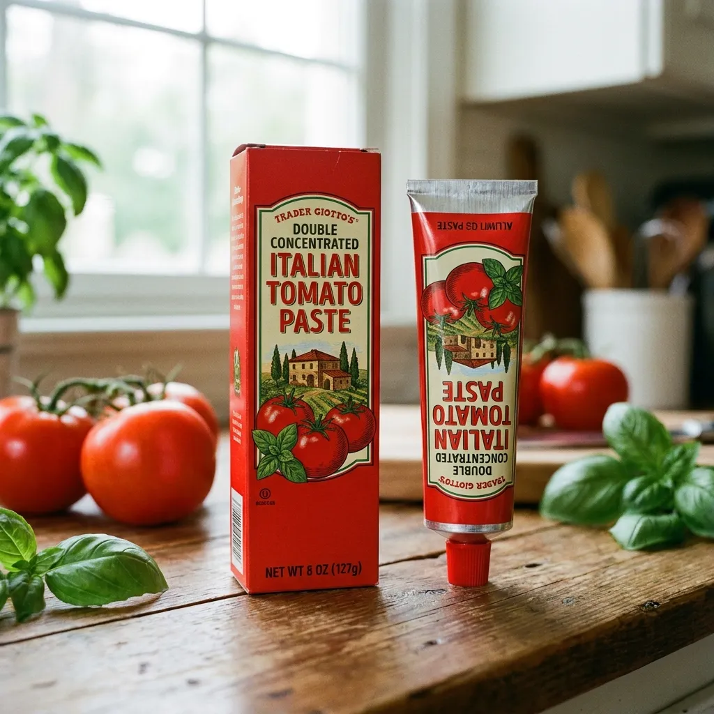 A red box and metal tube of Trader Giotto's double concentrated Italian tomato paste