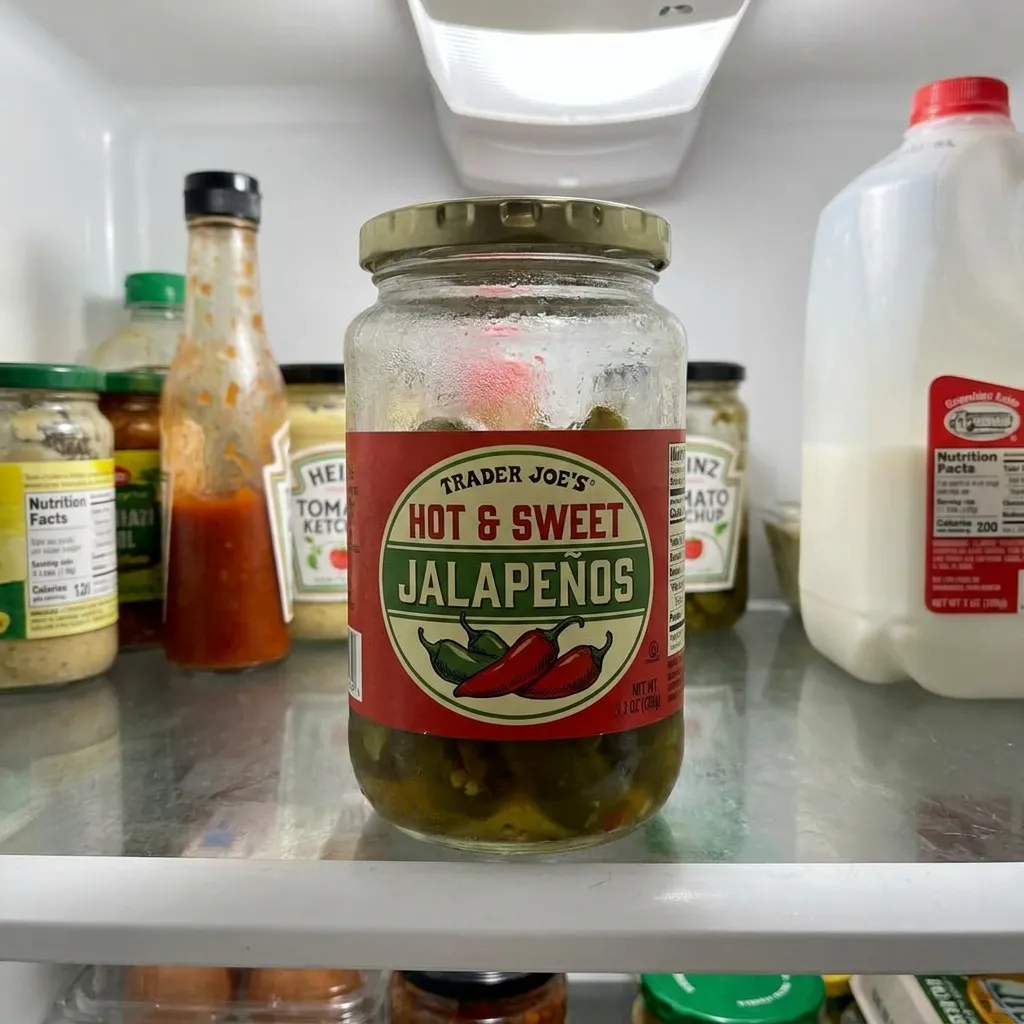 A glass jar of Trader Joe's Hot and Sweet Jalapenos sitting on a refrigerator shelf