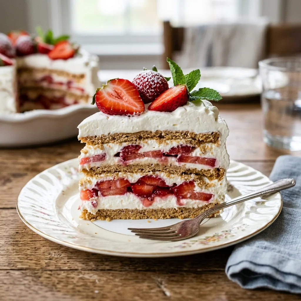 A slice of layered icebox cake showing distinct layers of graham crackers, white cream, and fresh red strawberries on a dessert plate.