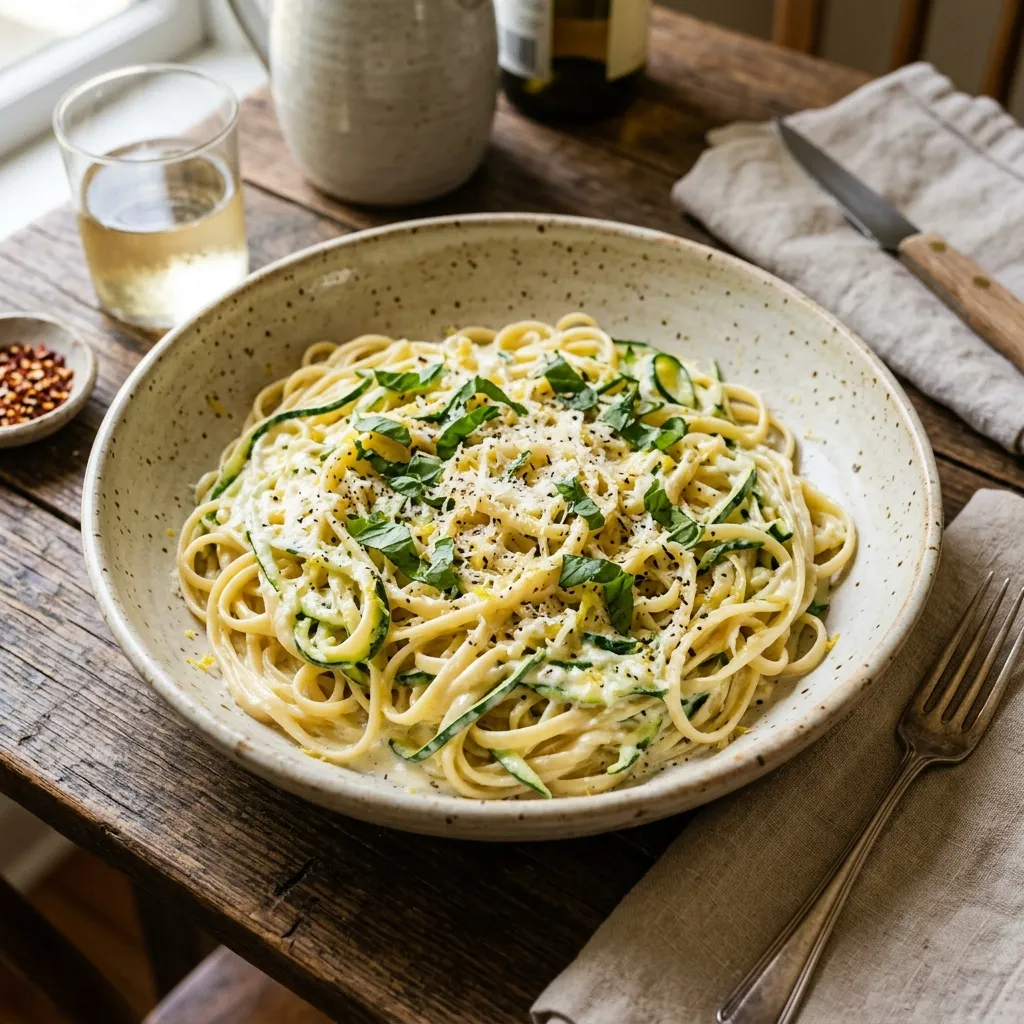 A wide bowl filled with linguine and zucchini ribbons, tossed in a creamy lemon ricotta sauce and topped with basil.