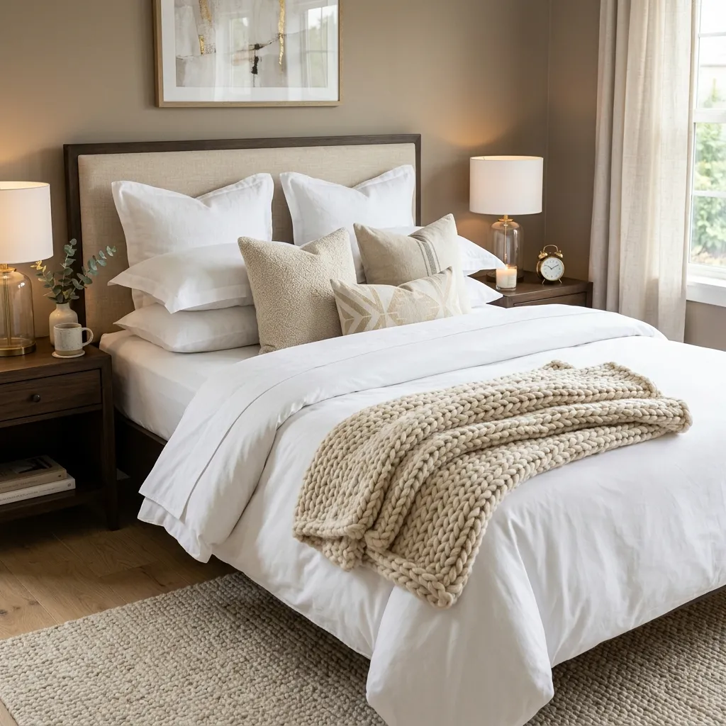 A neatly made, luxurious bed featuring layered white linens, fluffy pillows, and a chunky knit throw blanket highlighting affordable luxe home upgrades.
