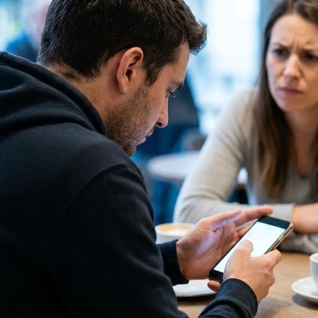 Next to the Digital Privacy section]Alt Text: Close-up of a man suspiciously hiding his smartphone screen from his partner, a common red flag for women betrayed by their partners.