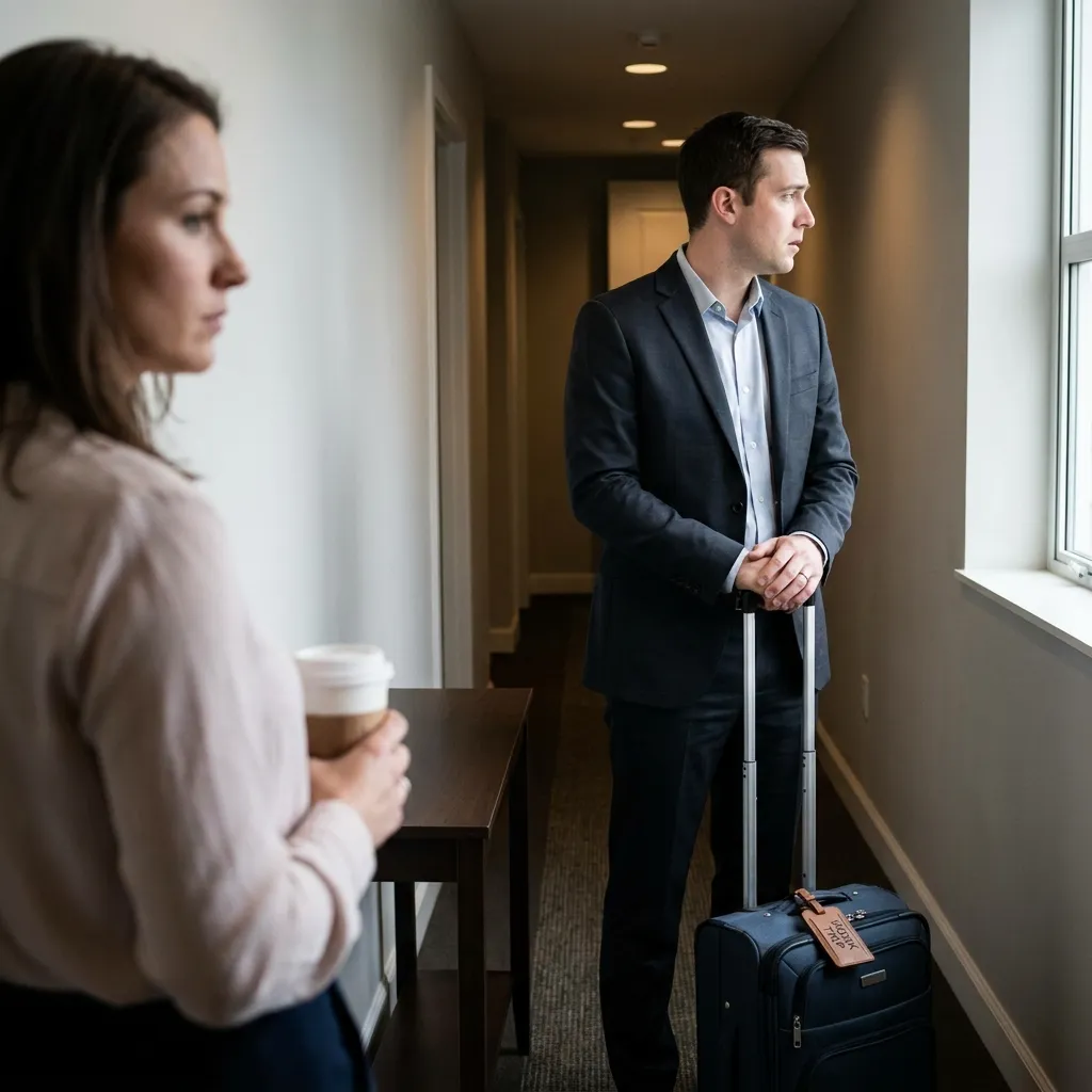 A man's suitcase packed next to a man looking anxiously away from his partner, a key visual representing the 'work trip' lie for women betrayed by their partners.