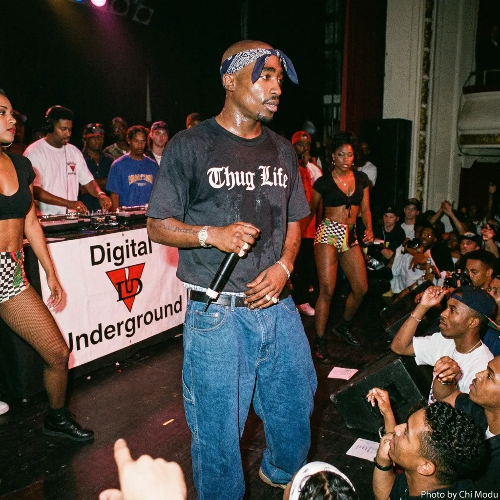Archival photo of rap icon Tupac Shakur performing live on stage in the 1990s