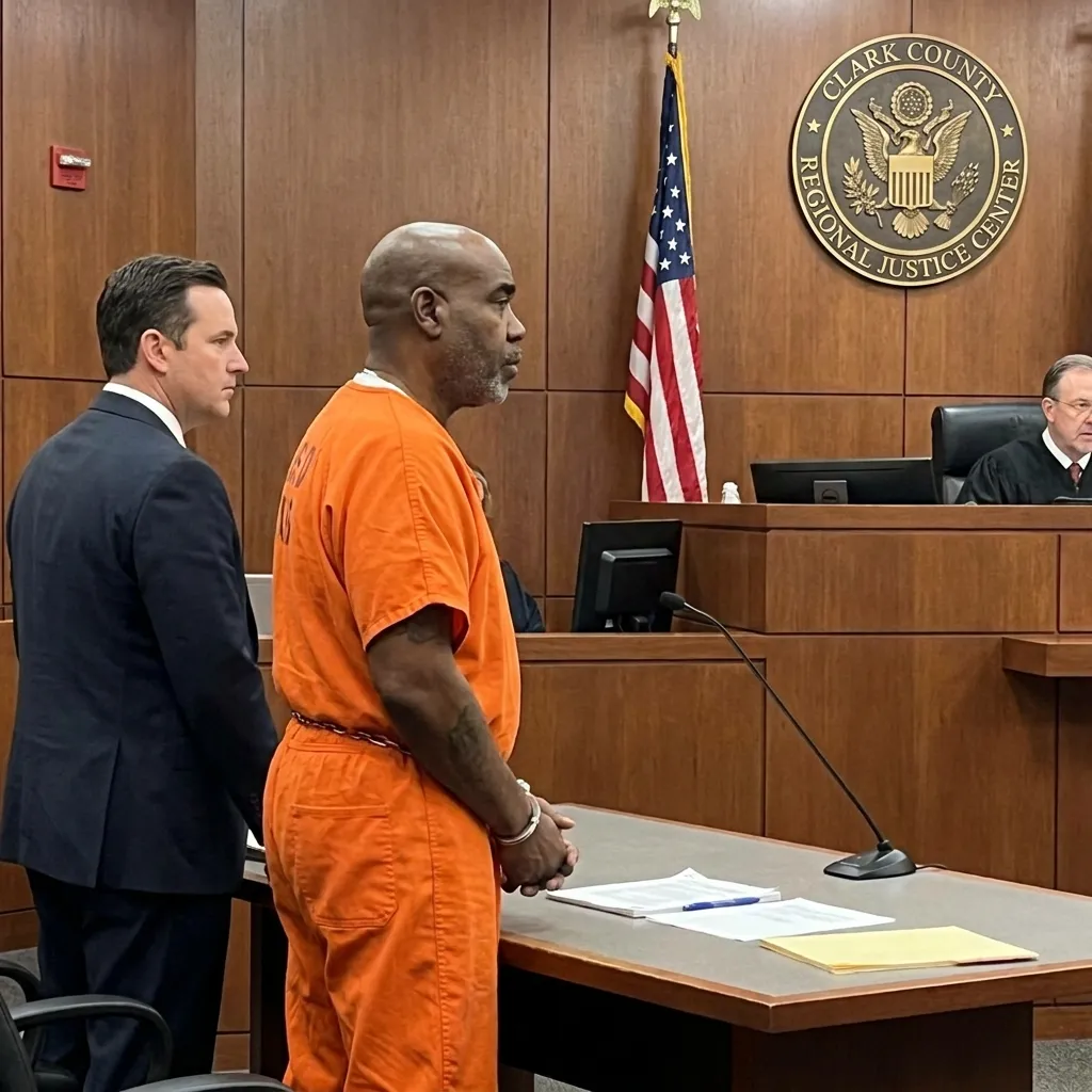 Suspect Duane "Keefe D" Davis standing in a Las Vegas courtroom alongside his defense attorney.