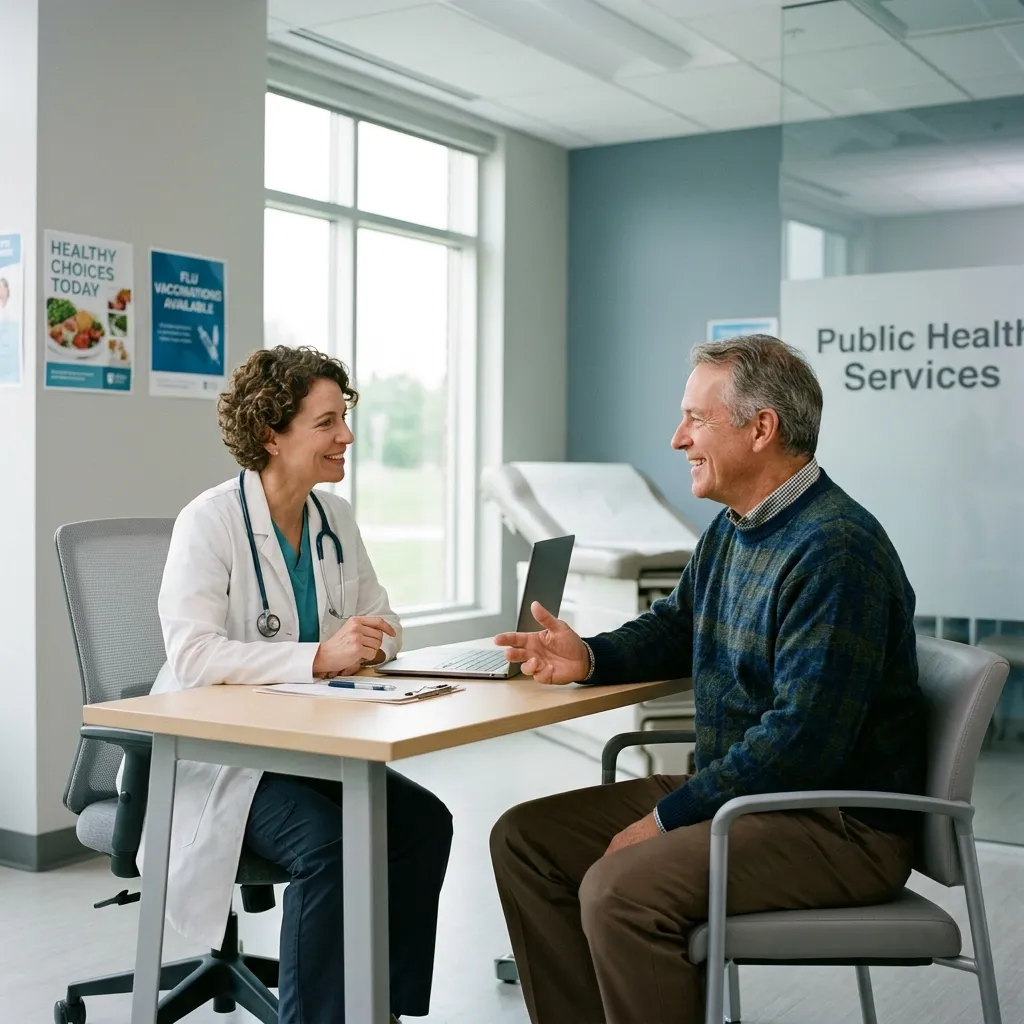 Medical professional consulting with a smiling patient in a modern public health facility