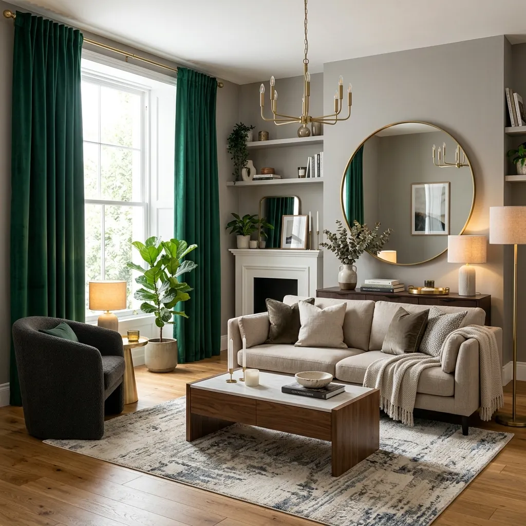 A beautifully styled, modern living room showcasing affordable luxe home upgrades like a statement mirror, velvet curtains, and ambient lighting.