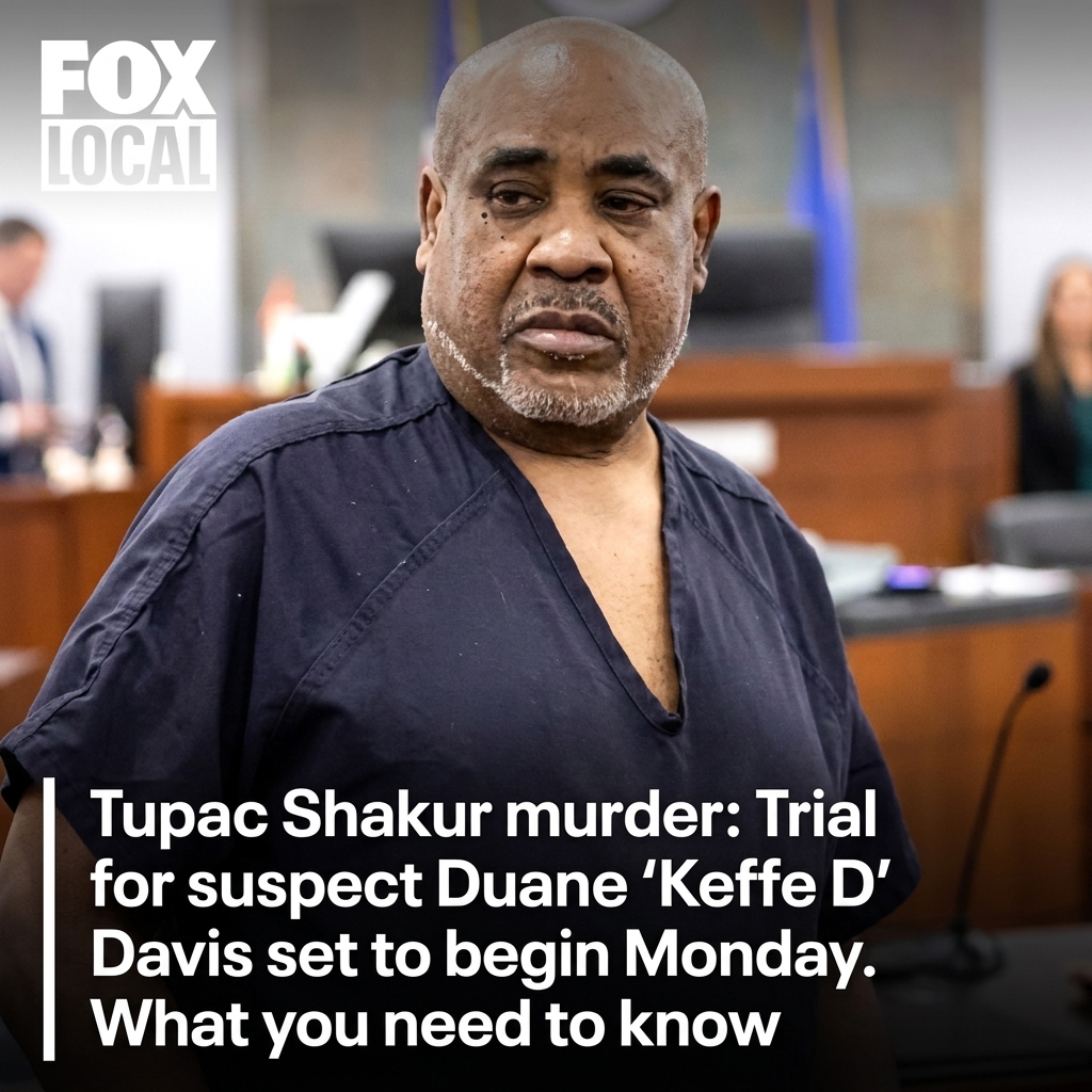 Duane Keefe D Davis standing in a Las Vegas courtroom wearing a dark blue jail uniform during a hearing for the Tupac Shakur murder trial.