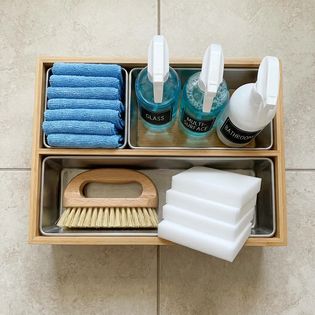 Top-down view of an organized wooden cleaning caddy containing folded blue microfiber cloths, labeled spray bottles for glass and multi-surface, a wooden scrub brush, and white melamine eraser sponge