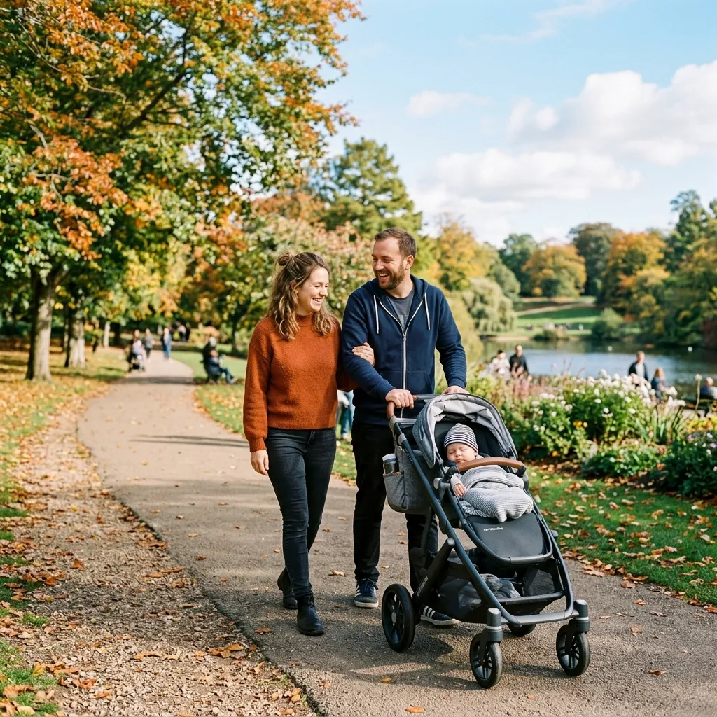 Happy parents outdoors on paid parental leave pushing a stroller through a scenic park
