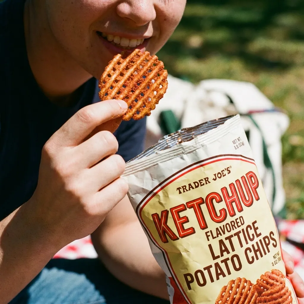 A person holding a crispy, red-tinted Trader Joe's ketchup-flavored lattice potato chip