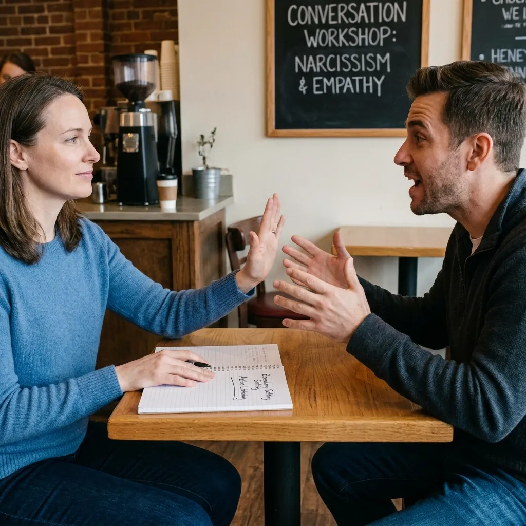 Woman sitting at a cafe table putting her hand up to set a boundary with a man talking at her, with a Conversation Workshop Narcissism and Empathy sign in the background.