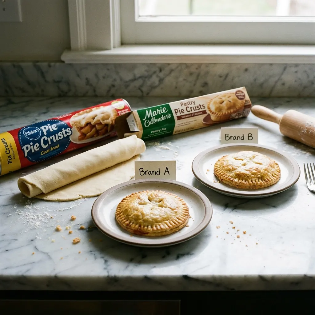 Product comparison shot on a marble counter showing two major brands (Pillsbury and Marie Callender's) of raw pie dough products next to test-baked pastry samples labelled 'Brand A' and 'Brand B'.