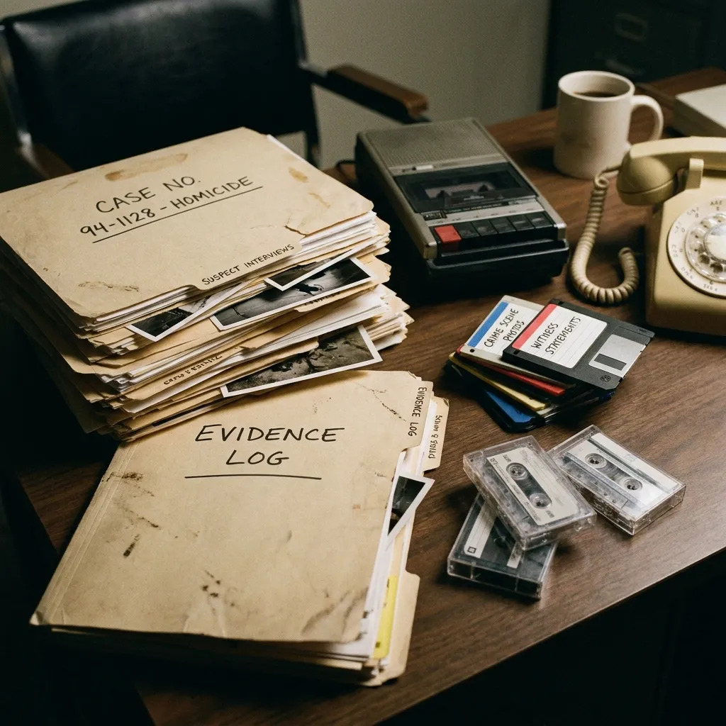 Vintage 1990s police investigation file folders next to retro floppy discs and micro-cassettes.