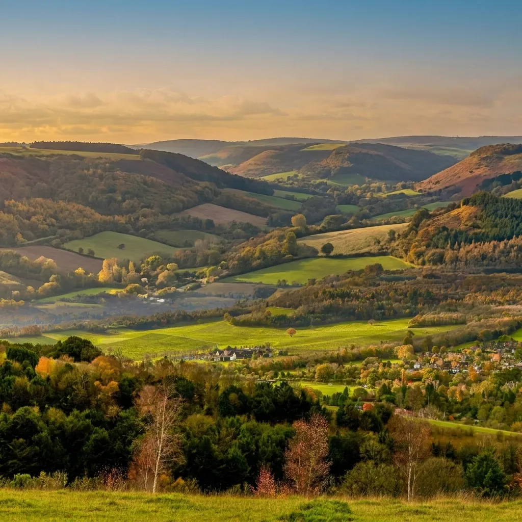A picturesque landscape featuring lush green rolling hills, a valley, and a small village illuminated by the warm light of a sunset or sunrise