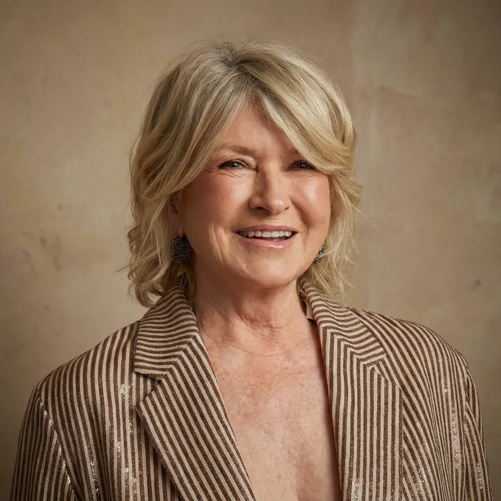 Martha Stewart smiling in a beige striped blazer with metallic detail against a neutral studio background.
