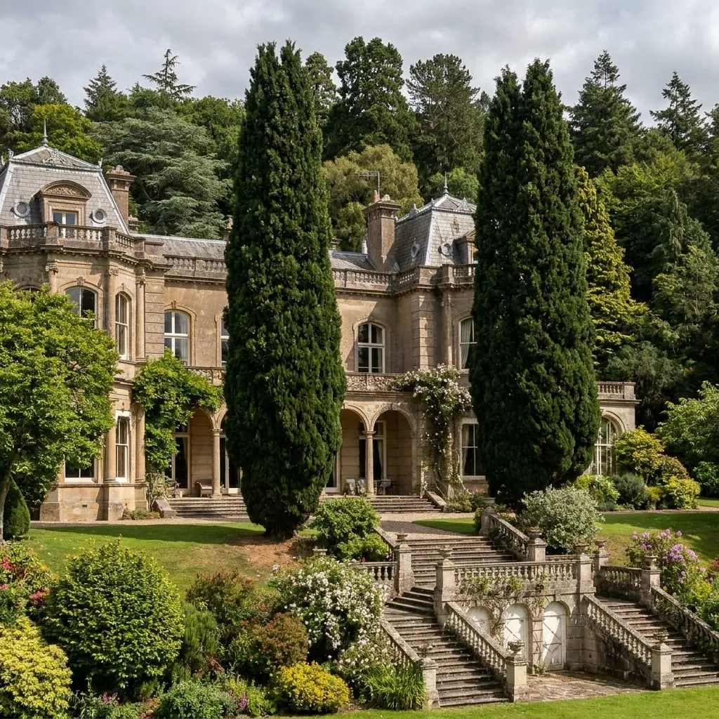 A grand historic stone mansion featuring intricate architecture, large windows, and a beautifully manicured garden with a prominent stone staircase flanked by tall cypress trees.