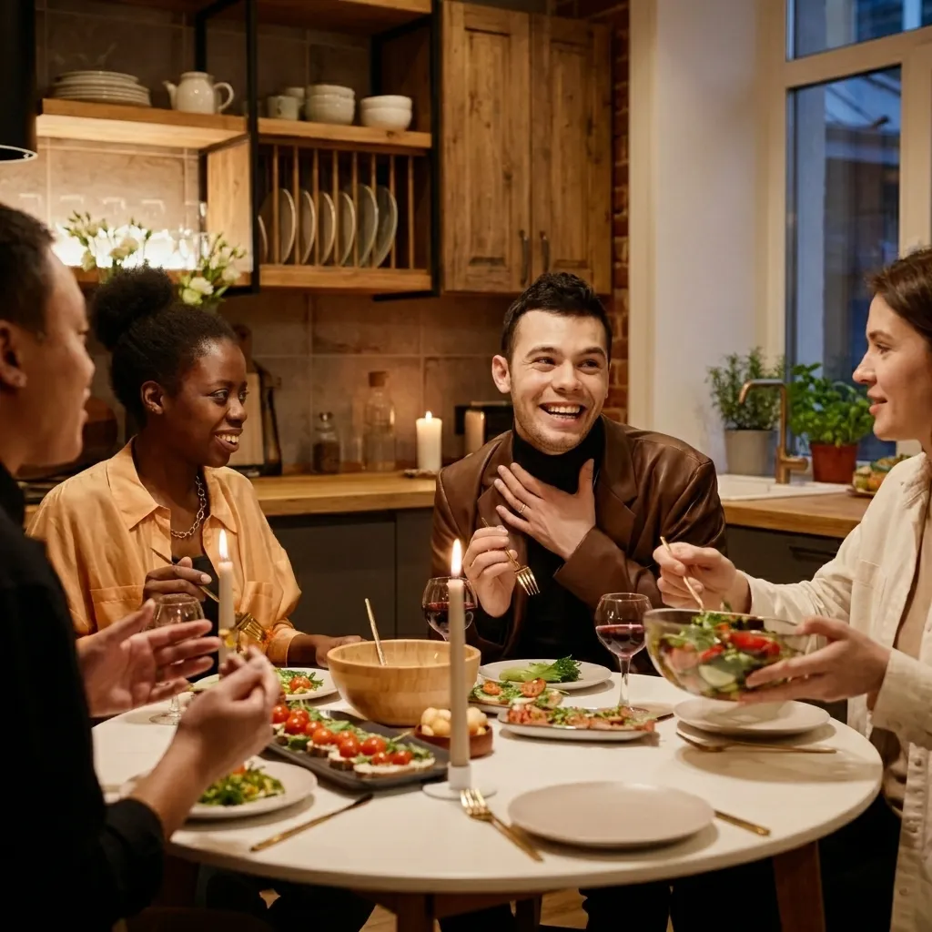 Young boy standing at a crowded family dinner table trying to speak while adults talk over him, featuring a text overlay reading Lesson 1 The Quiet Observer.