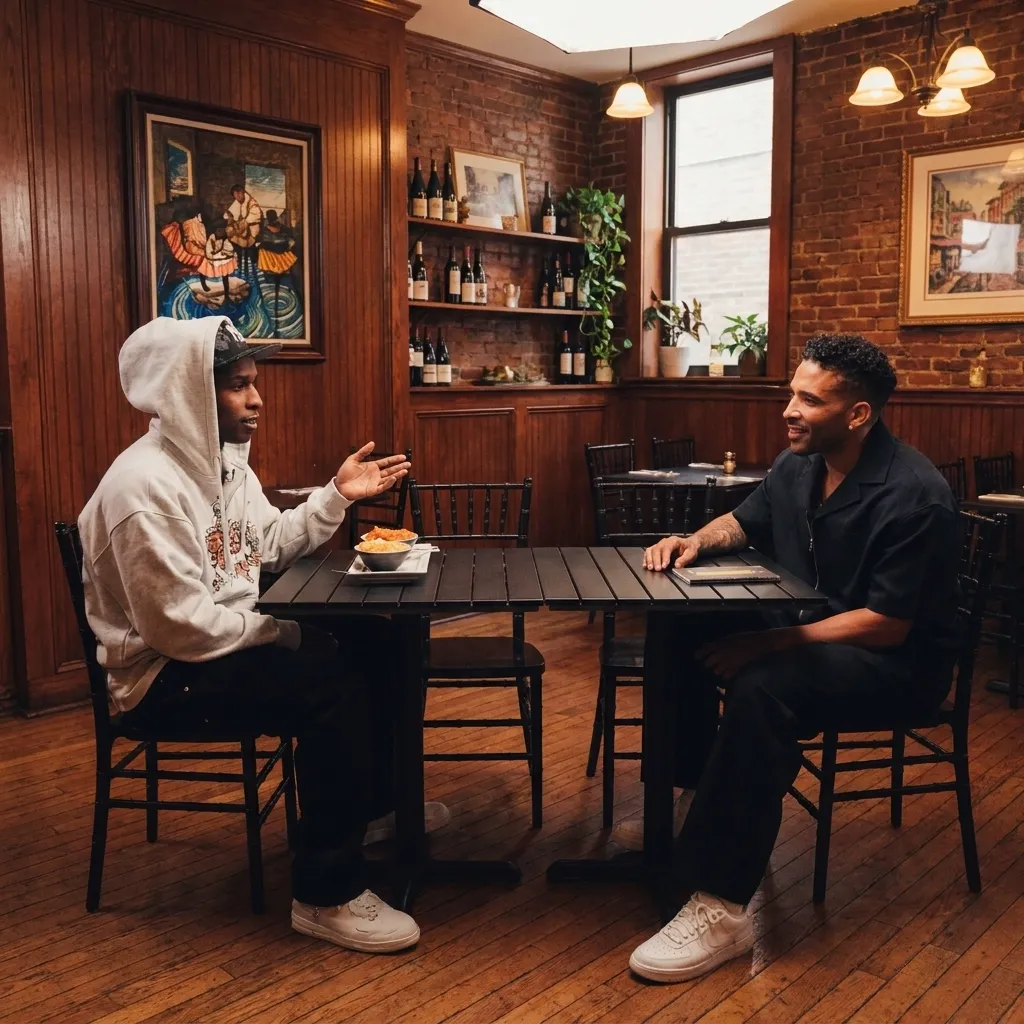 Rapper ASAP Rocky speaking passionately during his interview on The Jason Lee Show wearing a casual white hoodie