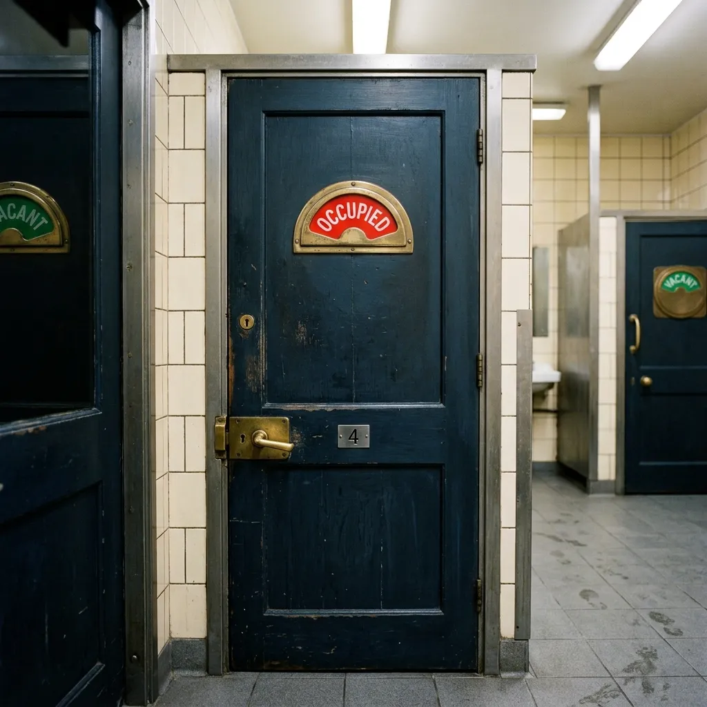 Enclosed European public restroom stall door featuring a green and red vacant-occupied lock indicator