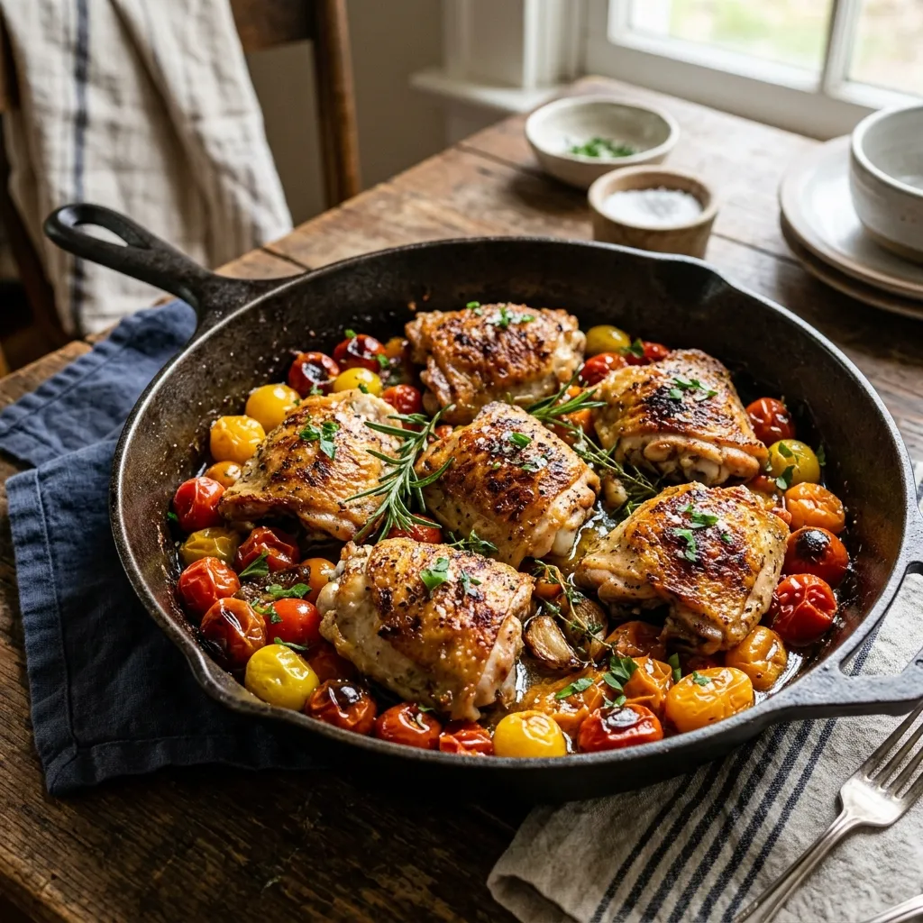 A cast-iron skillet featuring roasted chicken thighs surrounded by blistered cherry and heirloom tomatoes.